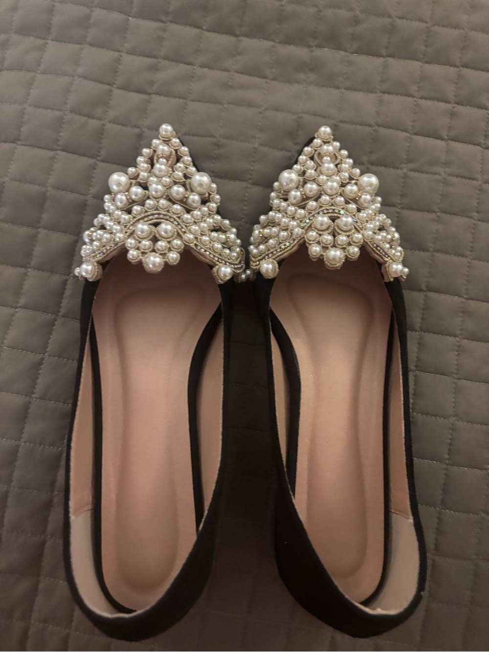 Pearl-Embellished Black Slingback Flats - Elegant Women’s Shoes